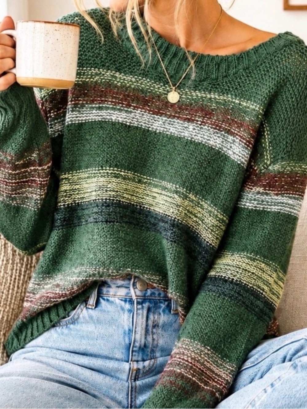 Forest Green Striped Oversized Chunky Knit Sweater Pullover Target XL